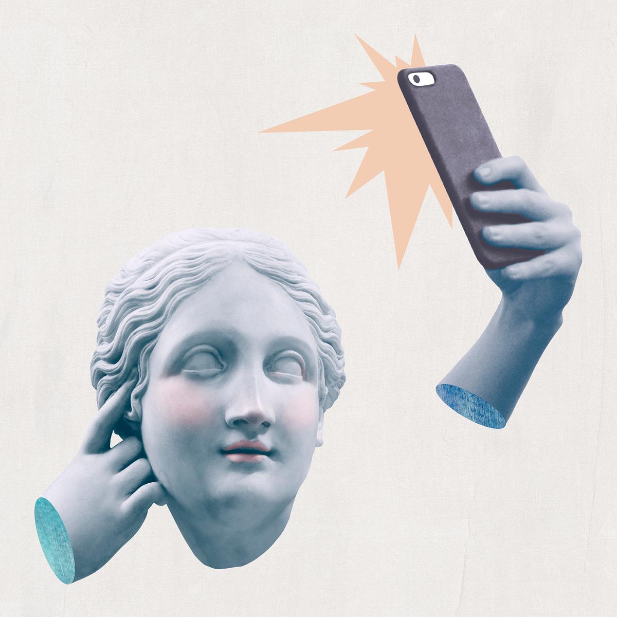 Greek selfie goddess statue psd social media… | Royalty free stock Illustration | High Resolution graphic Greek selfie goddess statue psd social media addiction mixed media