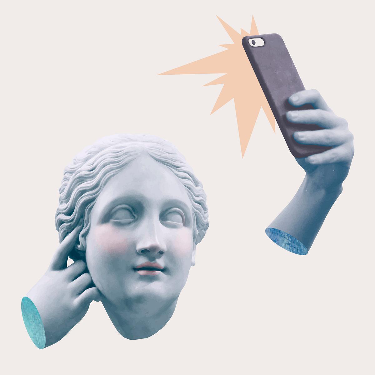 Greek selfie goddess statue vector social… | Royalty free stock Illustration | High Resolution graphic Greek selfie goddess statue vector social media addiction mixed media