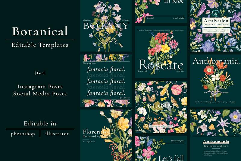 Editable aesthetic floral template vector… | Royalty free stock Illustration | High Resolution graphic Editable aesthetic floral template vector blog social media post collection