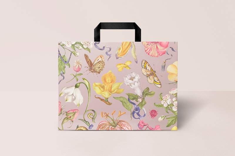 Paper shopping bag mockup psd in pink floral… | Royalty free stock photo | High Resolution image Paper shopping bag mockup psd in pink floral pattern vintage style