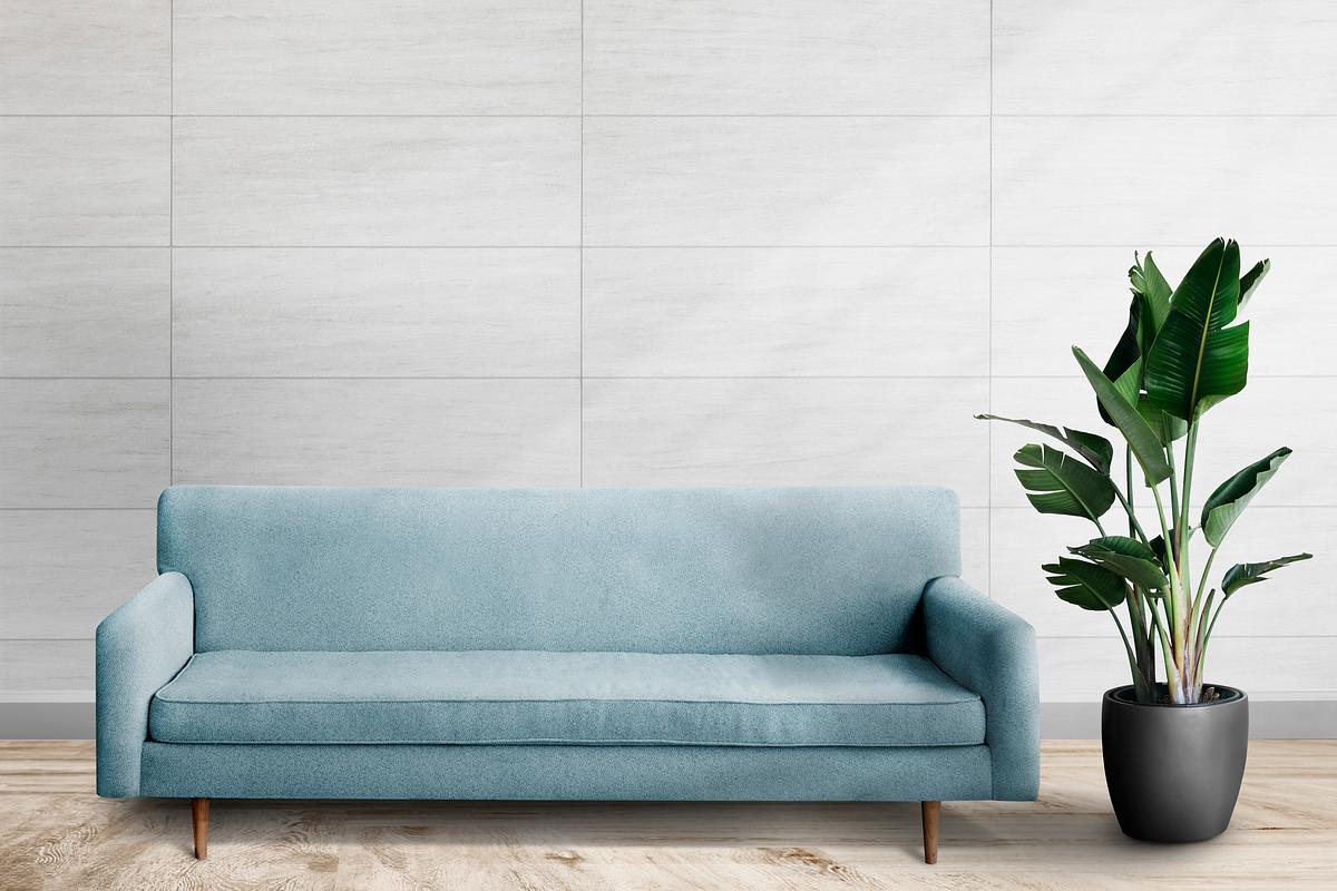 Download Wall Mockup Psd With Blue Sofa In Living Room Royalty Free Stock Photo High Resolution Image