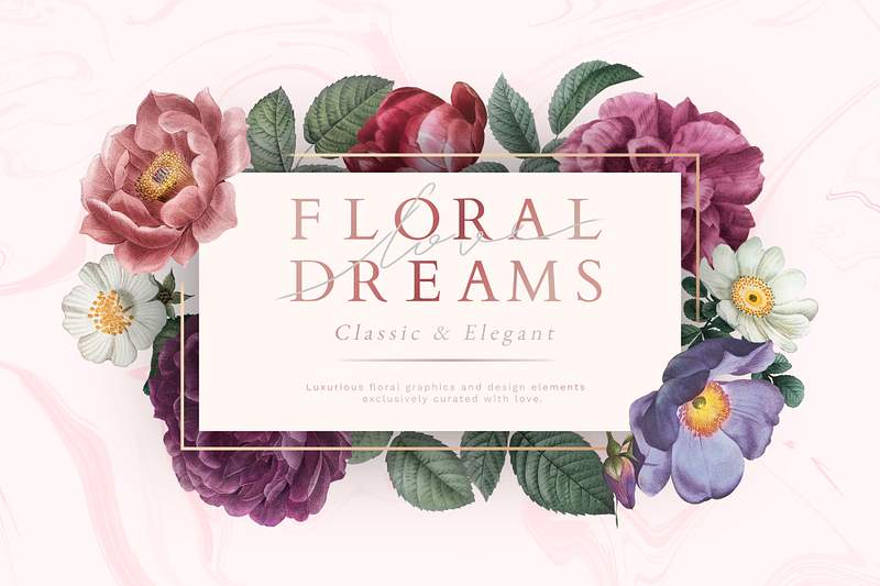 Floral wedding invitation | Royalty free stock psd mockup | High Resolution design Floral dreams banner on a marble textured background illustration