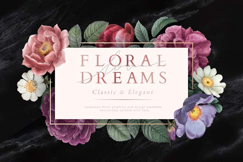 Floral wedding invitation | Royalty free stock psd mockup | High Resolution design Floral dreams banner on a marble textured background illustration