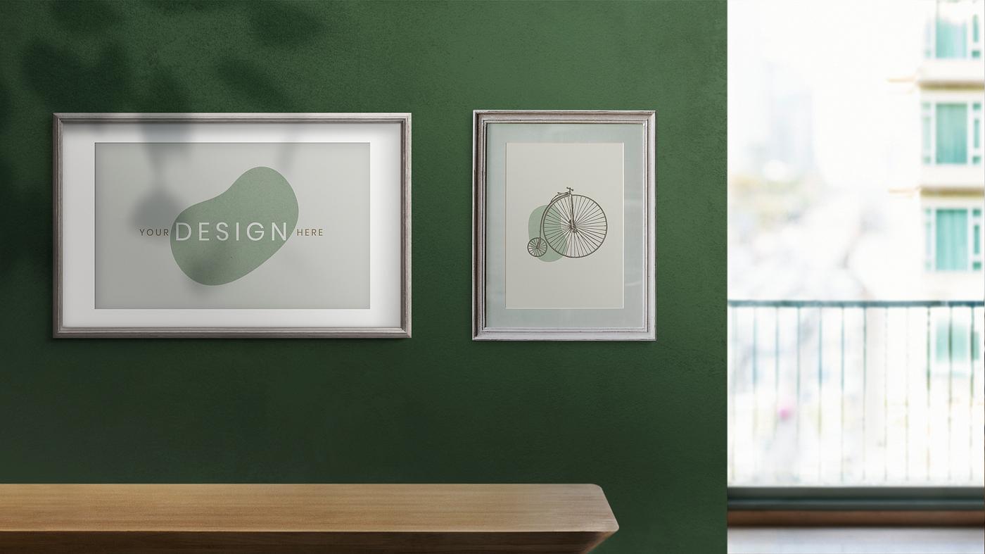 Frame on a living room wall Frames mockup on a green wall