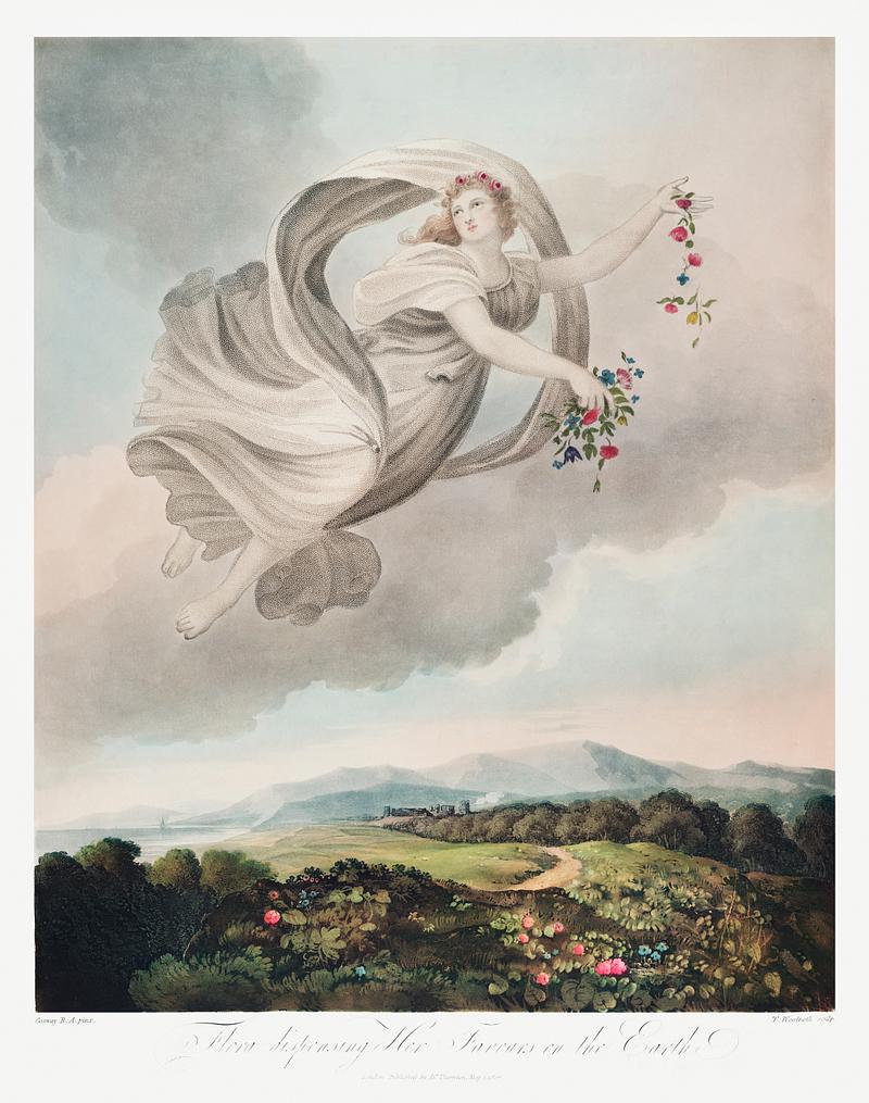 Goddess illustration by Robert John Thornton Flora Dispensing Her Favours on the Earth from The Temple of Flora (1807) by Robert John Thornton. Original from Biodiversity…