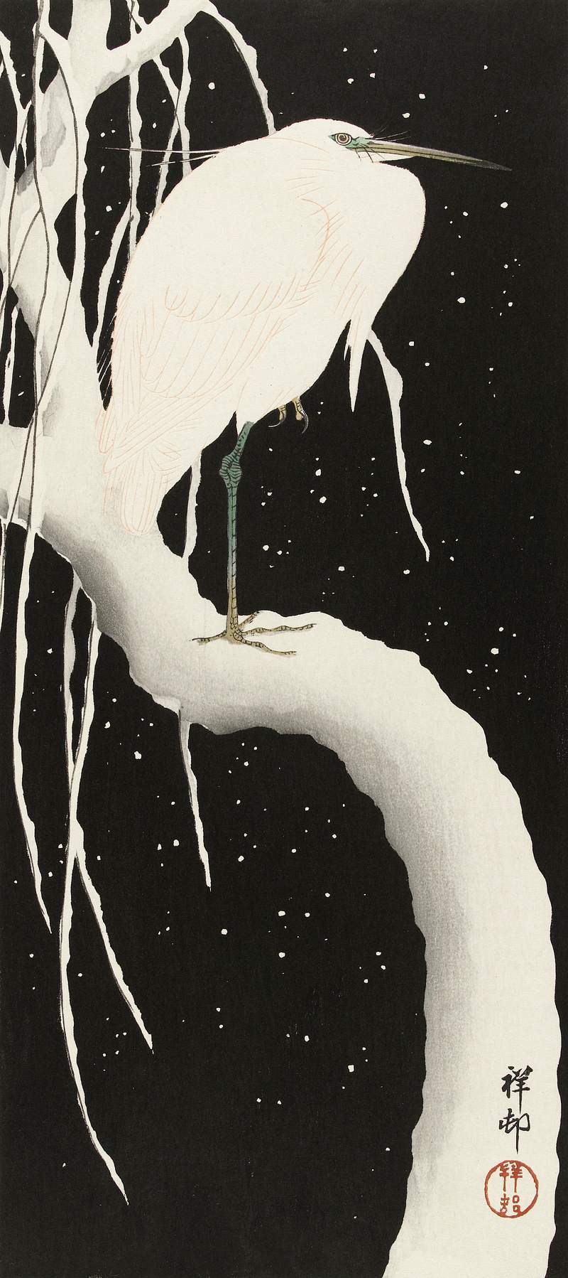 Heron in snow (ca. 1925–1936) by Ohara Koson. Original from The Rijksmuseum. Digitally enhanced by rawpixel.