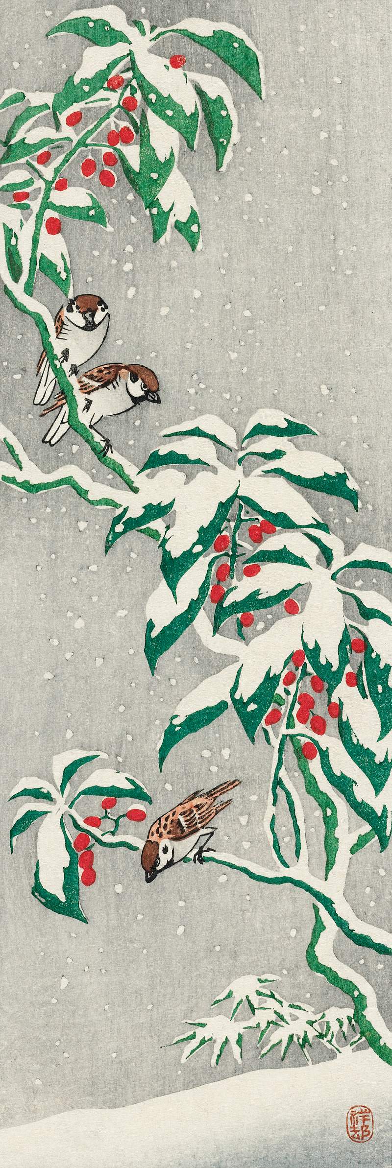Ohara Koson Print | Free public domain illustration Sparrows on snowy berry bush (ca. 1900–1945) by Ohara Koson. Original from The Rijksmuseum. Digitally enhanced by…