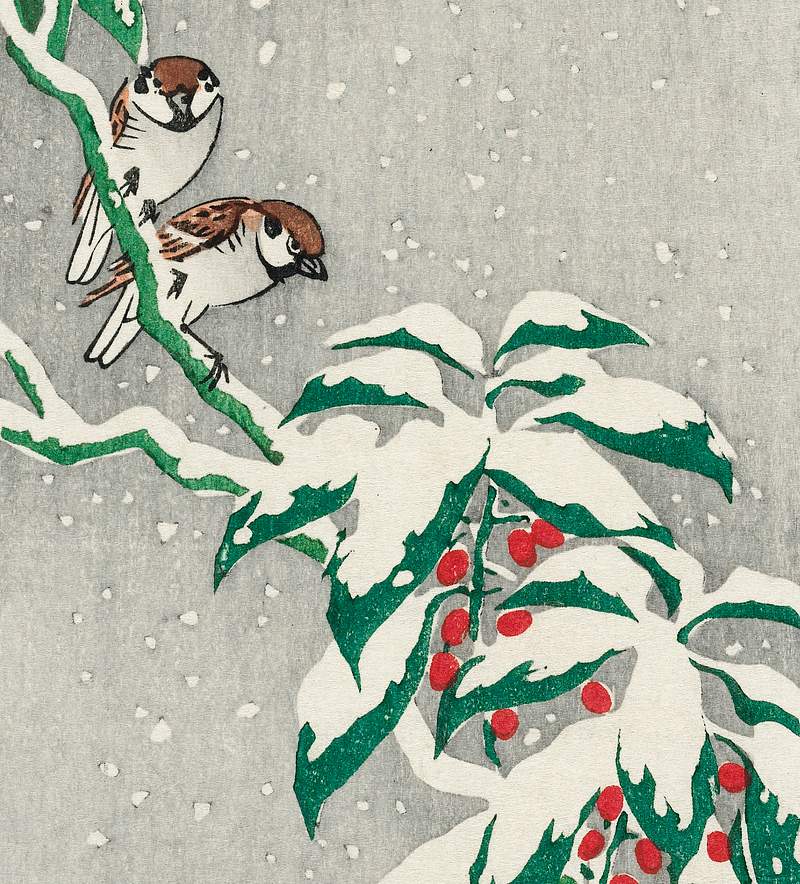 Ohara Koson Print Sparrows on snowy berry bush (ca. 1900–1945) by Ohara Koson. Original from The Rijksmuseum. Digitally enhanced by…