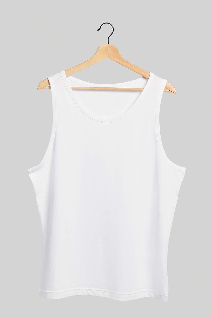 Women's white tank top mockup on a hanger