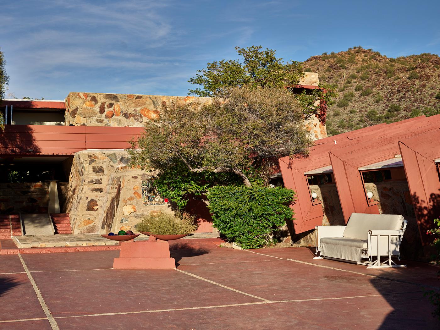 Exterior view of the garden room at Taliesin West, renowned architect Frank Lloyd Wright's winter home and school in the... Exterior view of the garden room at Taliesin West, renowned architect Frank Lloyd Wright's winter home and school in the...