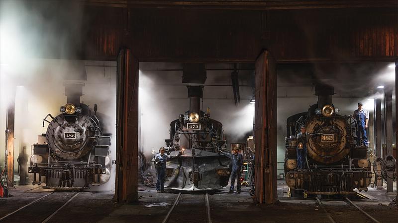 Carol M. Highsmith’s Colorado Photograph Steam locomotives in the roundhouse of the Durango & Silverton Narrow Gauge Scenic Railroad in Durango, Colorado. Original…