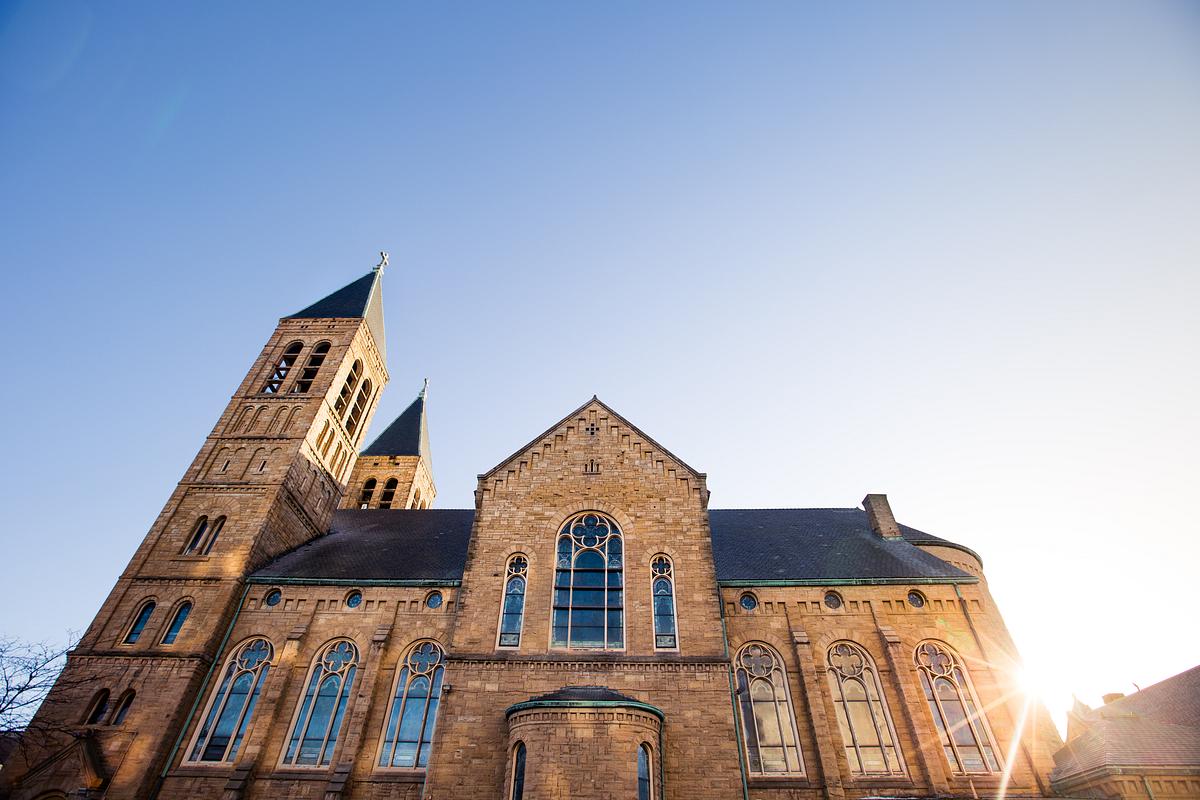 Brown church in Akron, United States. Original public domain image from Wikimedia Commons