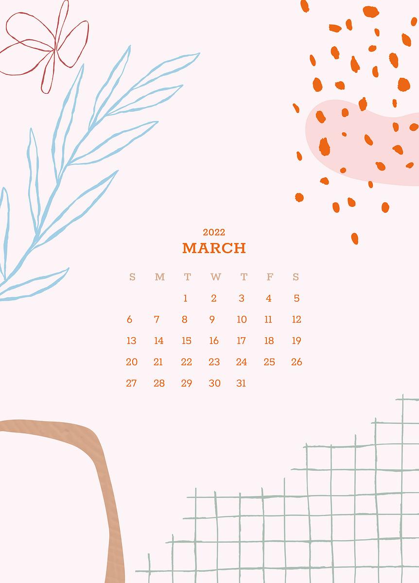 Botanical March monthly editable calendar Free Vector rawpixel