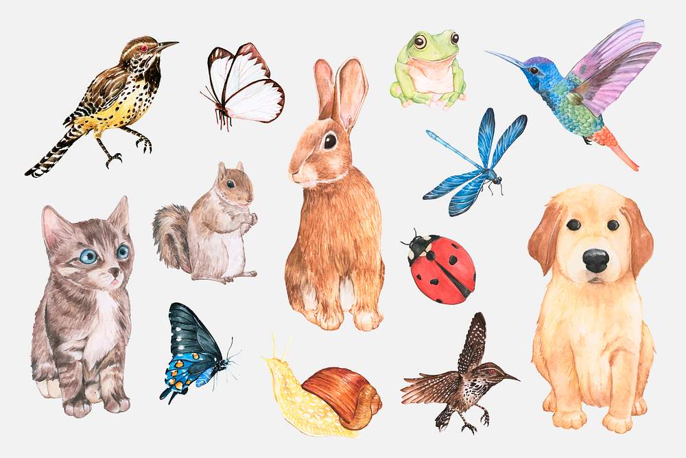 Cute animals psd element sticker in watercolor