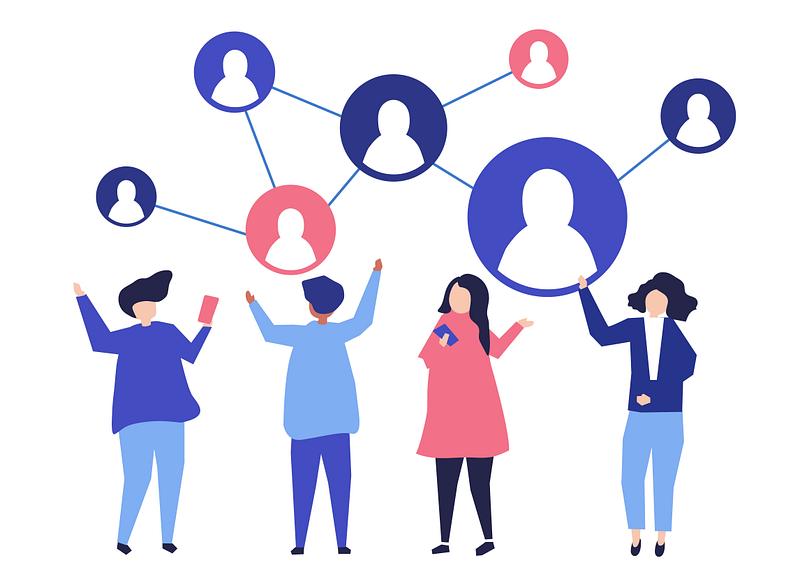 Characters of people and their social network illustration