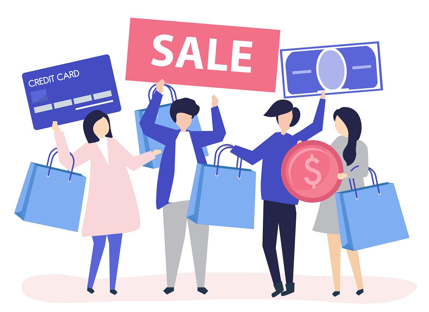 Personagens de pessoas segurando a ilustração de Ãcones de compras