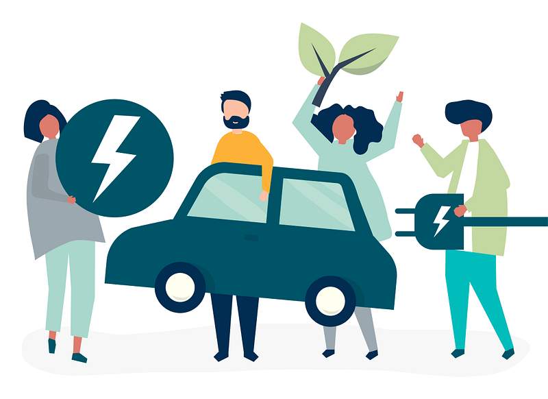Group of people with an electric car 