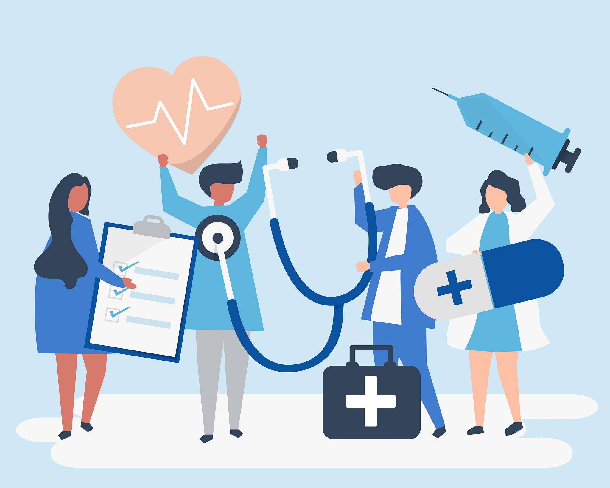 Character illustration of elderly people holding health icons | Free