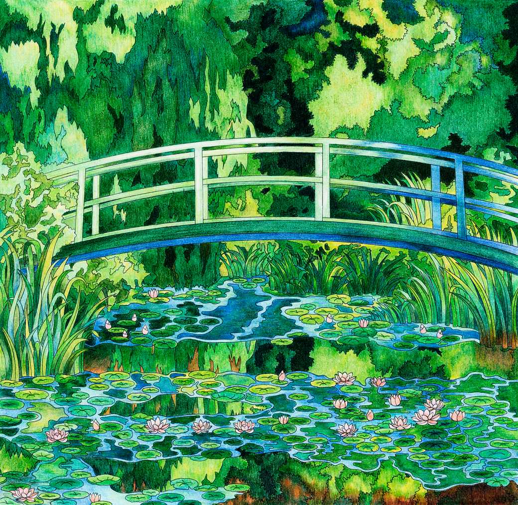 The Water Lily Pond (1899) by Claude Monet: adult coloring page The Water Lily Pond (1899) by Claude Monet: adult coloring page - adult coloring, art, artist, artistic, artwork, bridge…