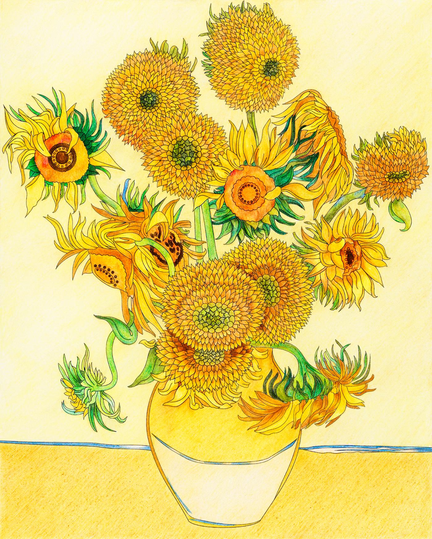 Sunflowers (1889) by Vincent van Gogh: adult coloring page | Free stock