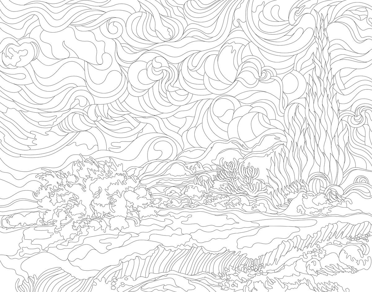 Wheat Field with Cypresses (1889-1890) by… | Free stock vector | High Resolution design Wheat Field with Cypresses (1889-1890) by Vincent van Gogh : adult coloring page