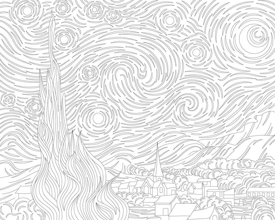 The Starry Night (1889) by Vincent van Gogh: adult coloring page The Starry Night (1889) by Vincent van Gogh: adult coloring page - adult coloring, art, artist, artistic, artwork, blank…