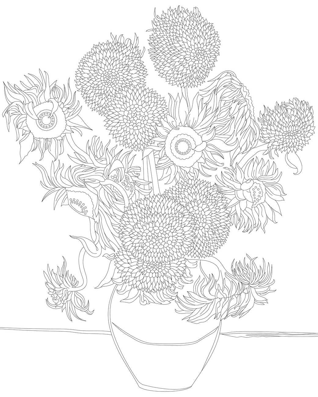 Sunflowers (1889) by Vincent van Gogh: adult coloring page Sunflowers (1889) by Vincent van Gogh: adult coloring page - adult coloring, art, artist, artistic, artwork, blank…