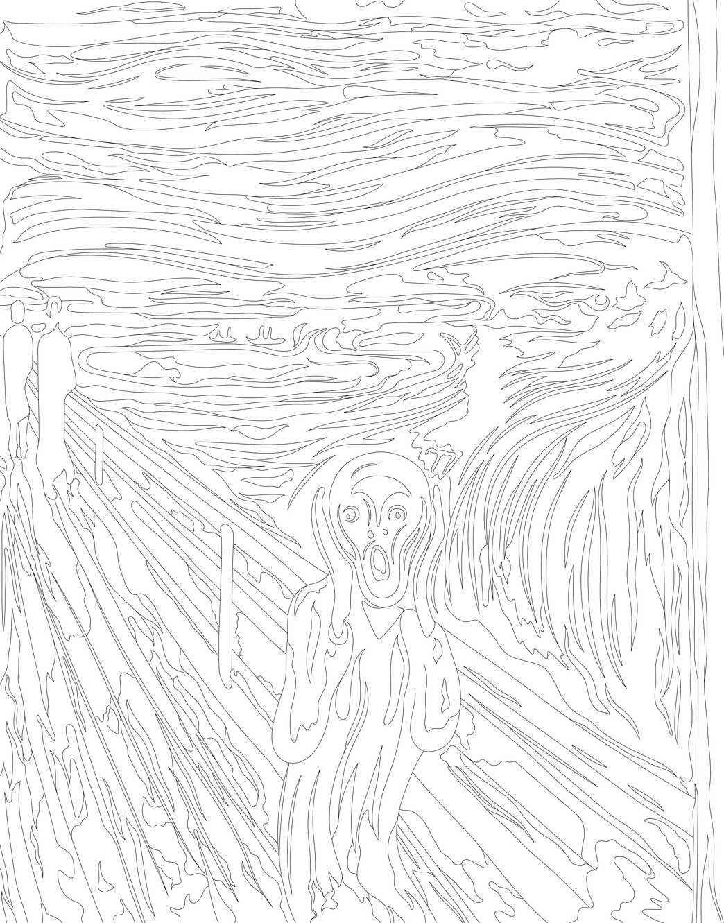 The Scream (1893) by Edvard Munch adult coloring page The Scream (1893) by Edvard Munch adult coloring page - 1893, adult, adult coloring, advanced, agonized, agonized expression…