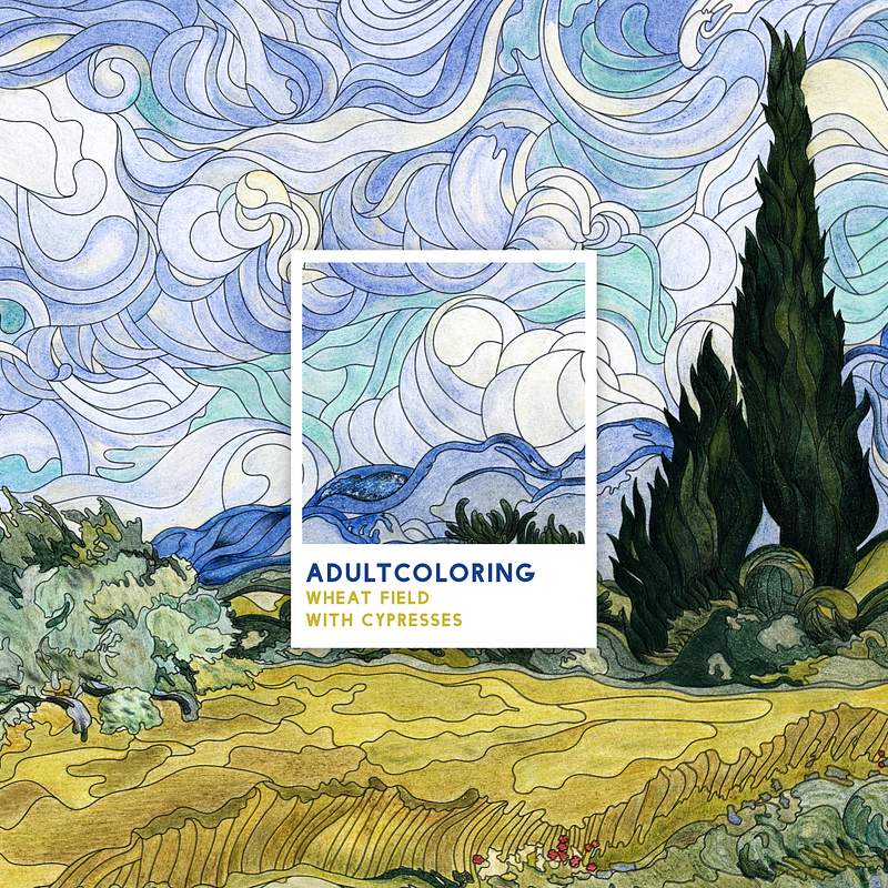 Wheat Field with Cypresses (1889-1890) by… | Free stock illustration | High Resolution graphic Wheat Field with Cypresses (1889-1890) by Vincent van Gogh : adult coloring page