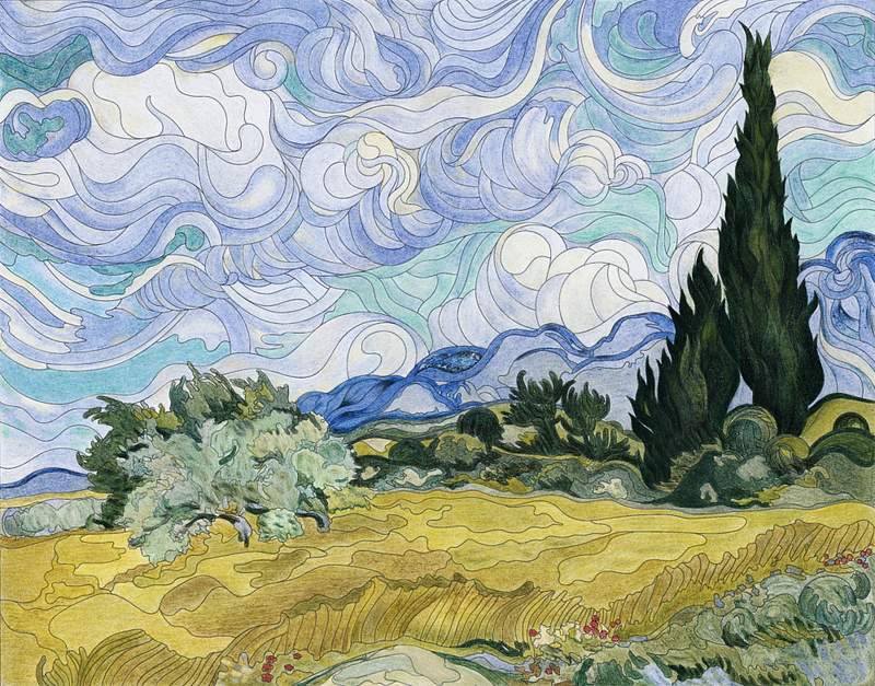 Wheat Field with Cypresses (1889-1890) by… | Free stock illustration | High Resolution graphic Wheat Field with Cypresses (1889-1890) by Vincent van Gogh : adult coloring page
