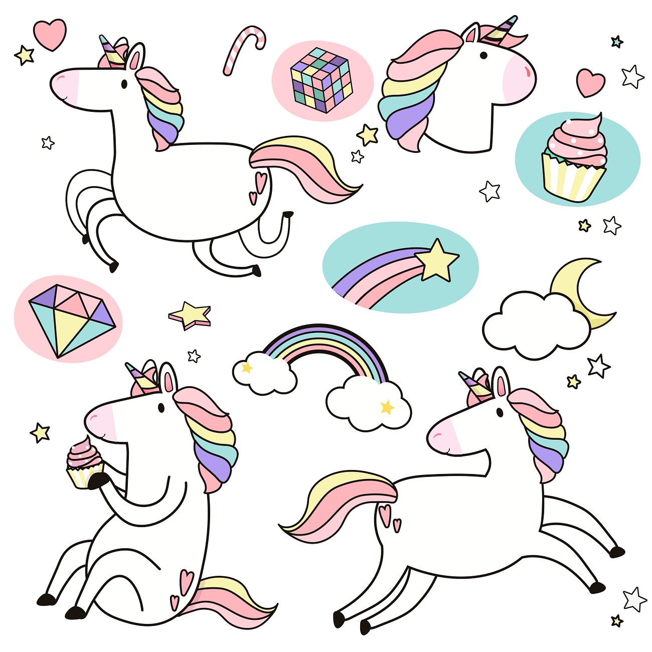 Download Cute unicorns with magical elements vector | Free vector ...