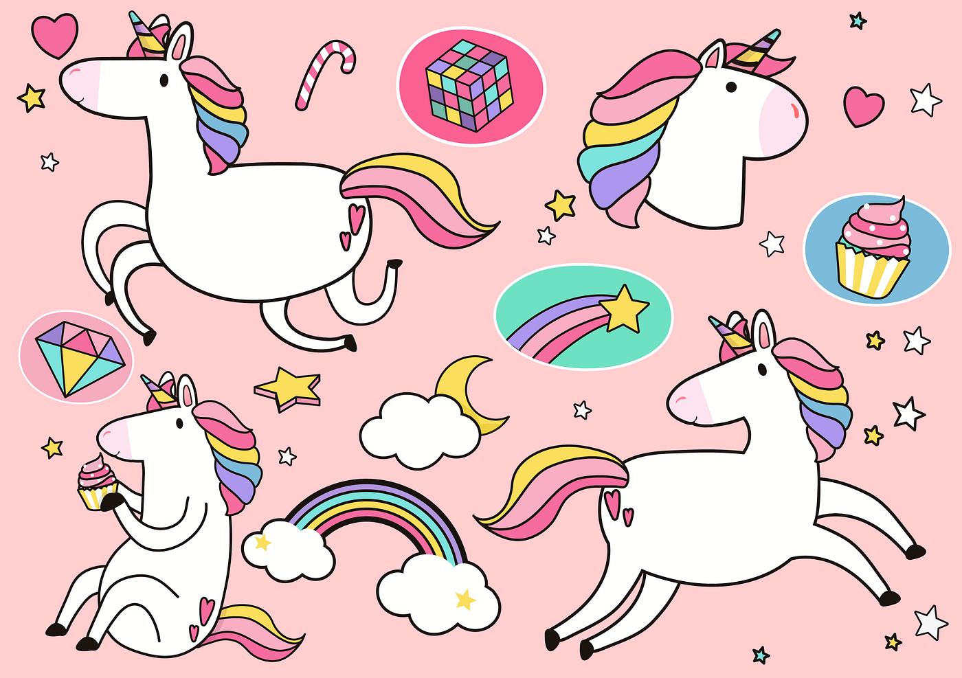 cute unicorns with magic element stickers vector free stock vector