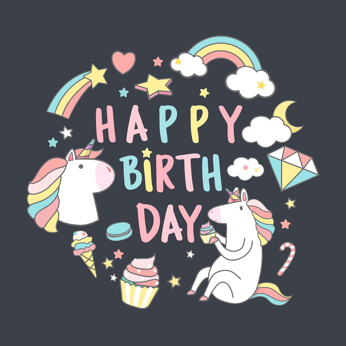 Happy Birthday  unicorn  with magic elements card vector 
