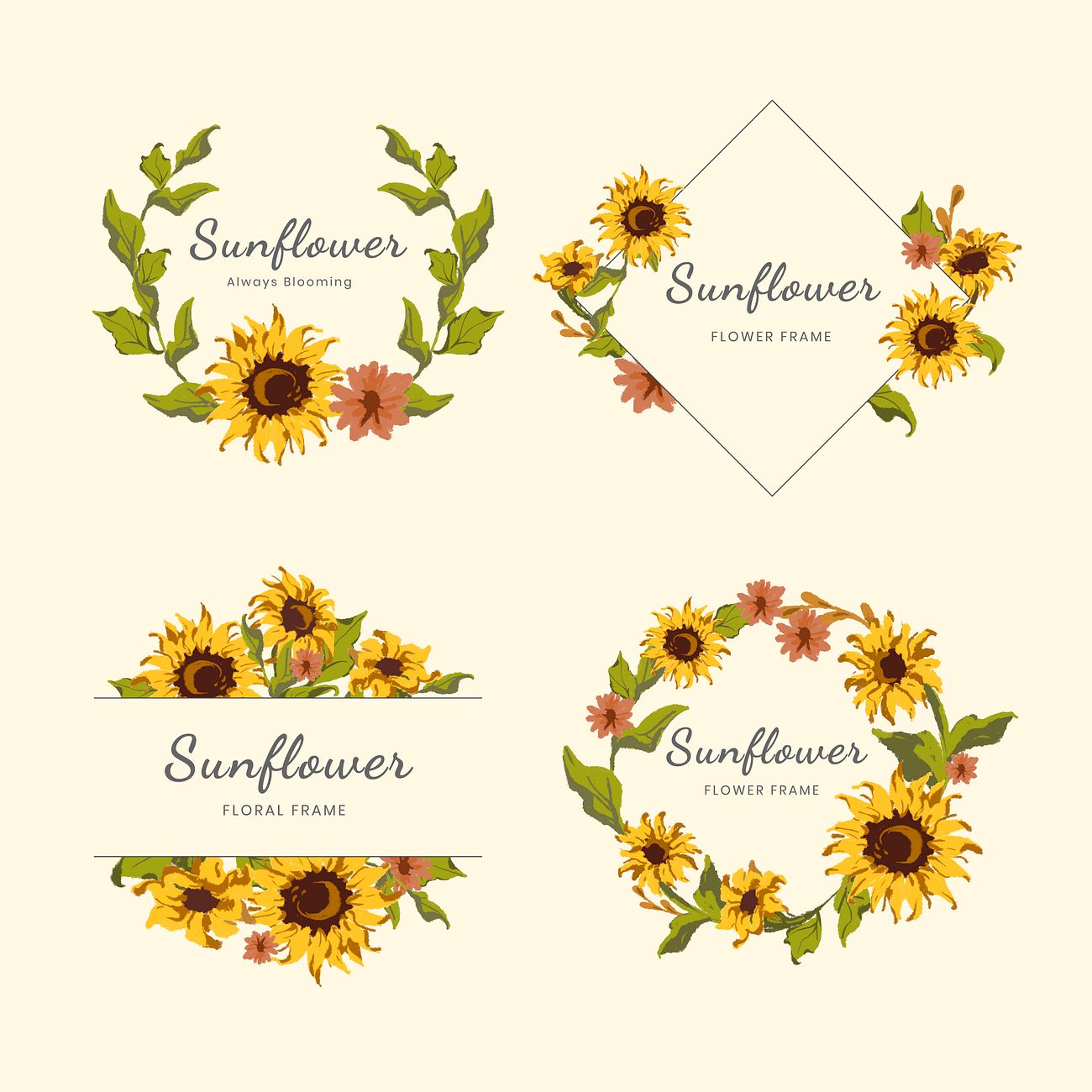Sunflower wreath and badge vector set | Free vector - 558712