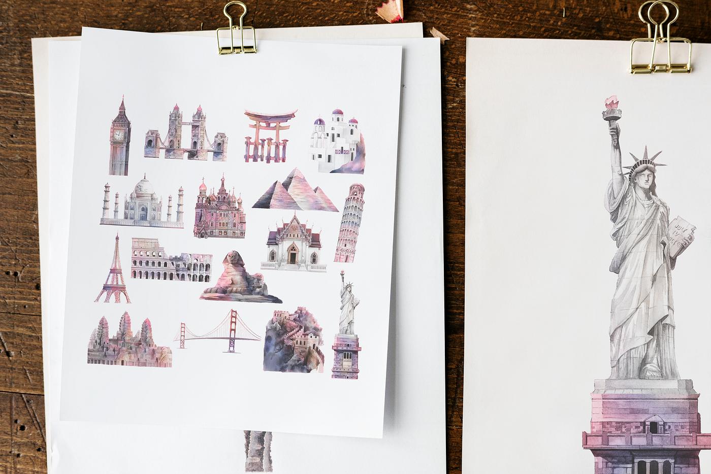 Architectural landmarks on white papers - angkor wat, architecture, art, artwork, big ben, board, clipboard, colosseum, copy... Architectural landmarks on white papers - angkor wat, architecture, art, artwork, big ben, board, clipboard, colosseum, copy...