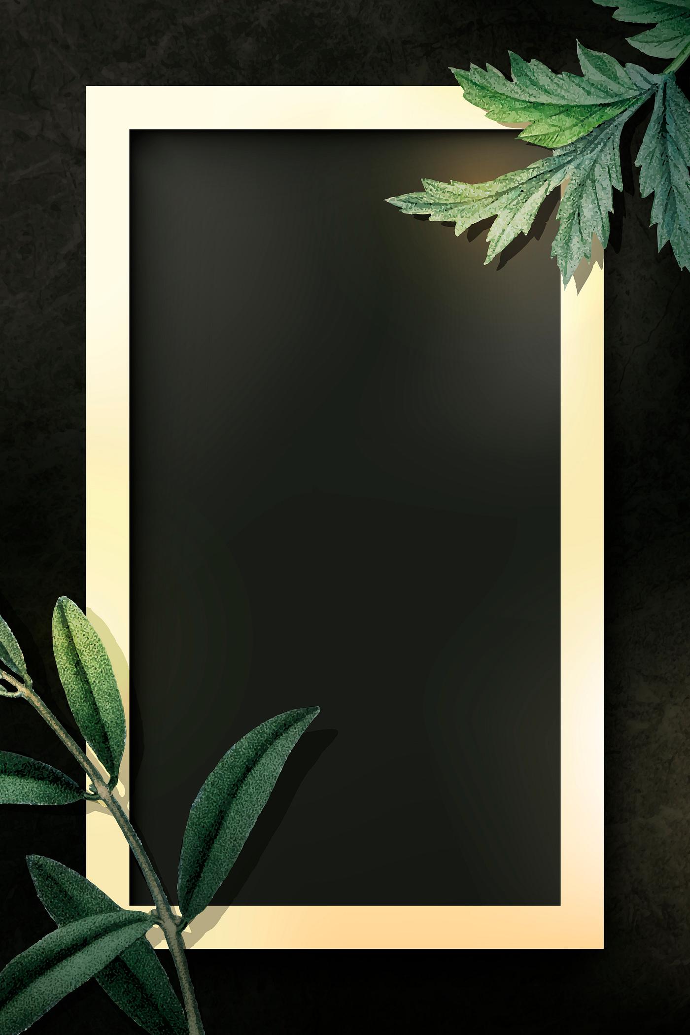 Rectangle gold frame with green leaves on black background vector Rectangle gold frame with green leaves on black background vector