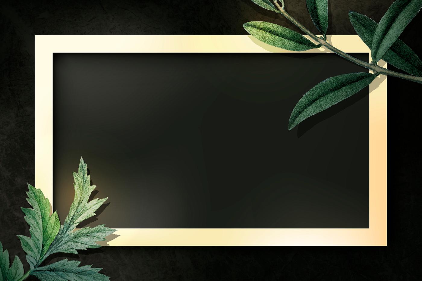 Golden botanical frame Rectangle gold frame with green leaves on black background vector