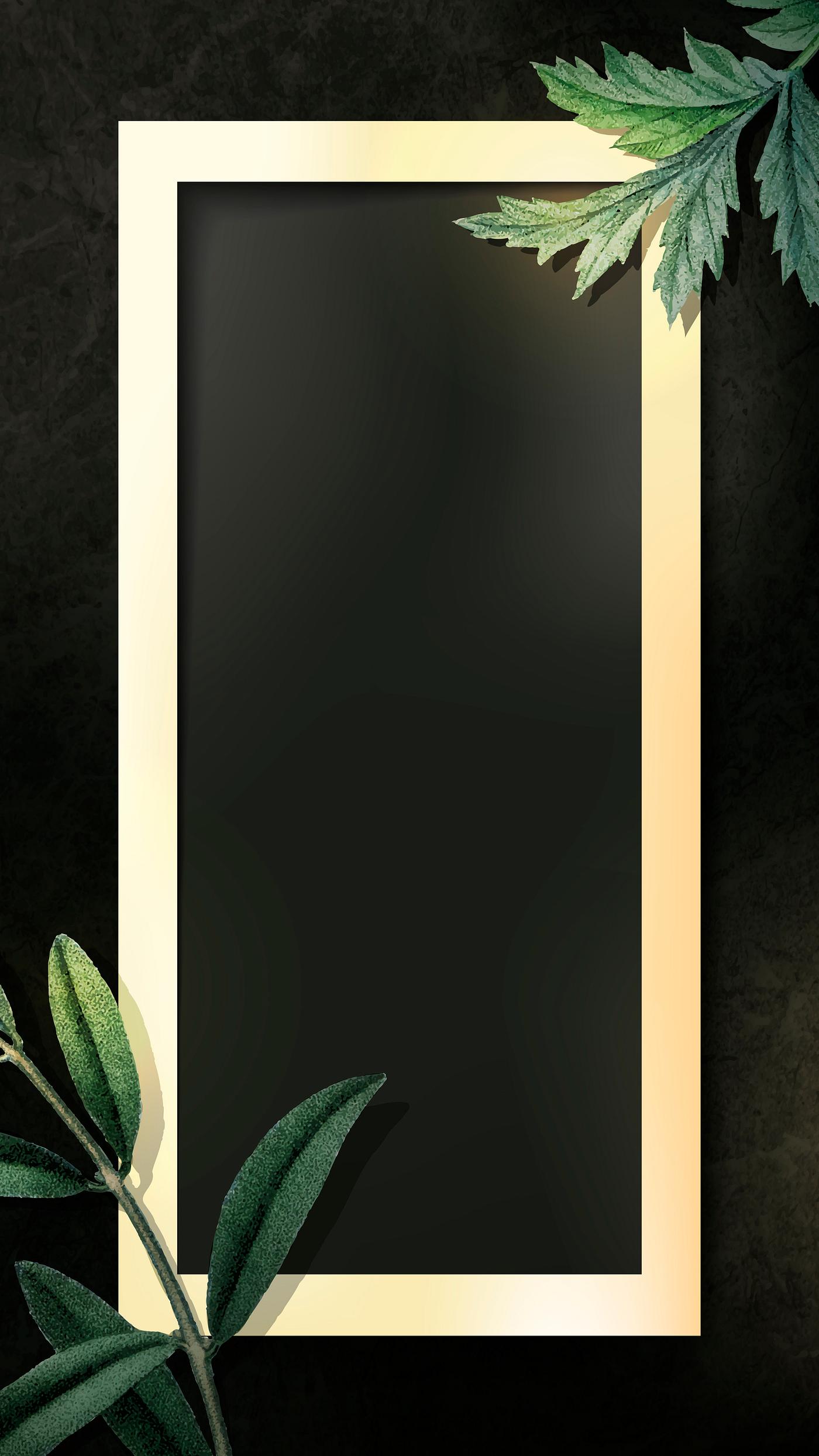 Rectangle gold frame with green leaves on black background vector Rectangle gold frame with green leaves on black background vector