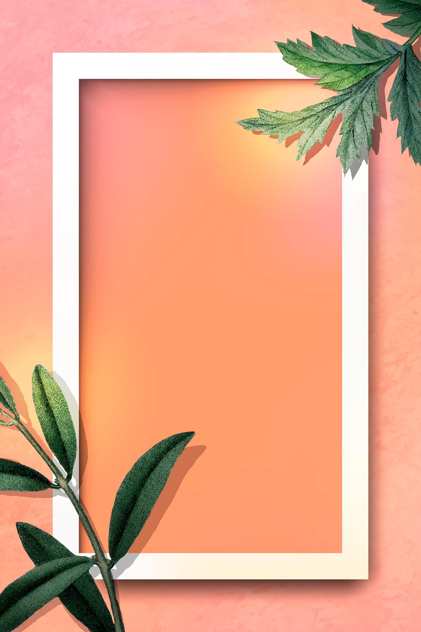 Golden botanical frame Rectangle gold frame with green leaves on orange background vector