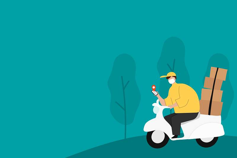 Delivery boy on a scooter with parcel boxes checking customer location map vector 