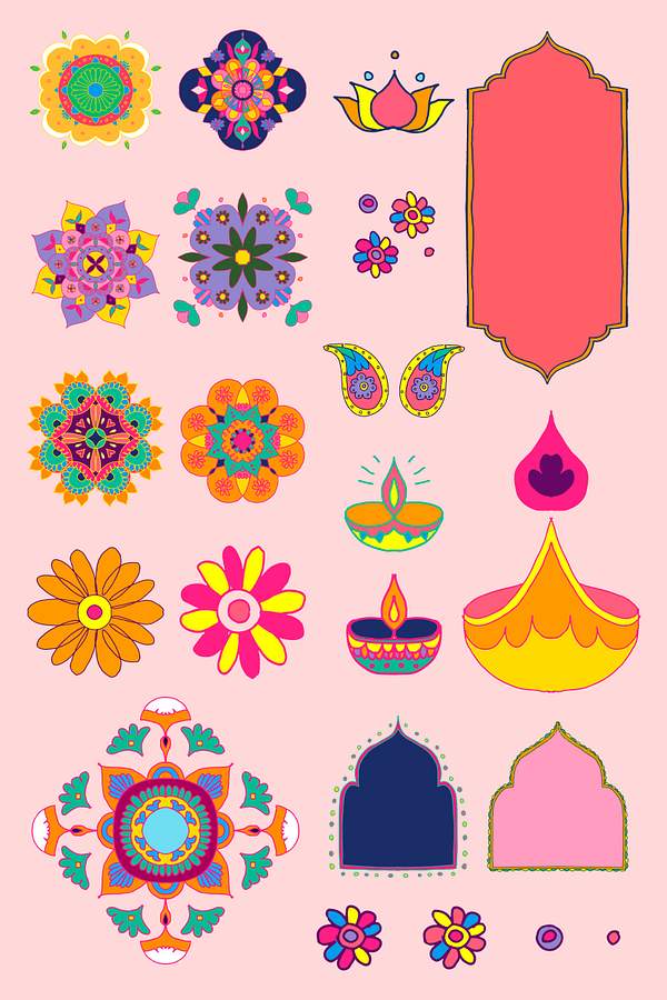 Diwali Indian Rangoli Vector Illustration Set Design Elements Free Vector 2652342
