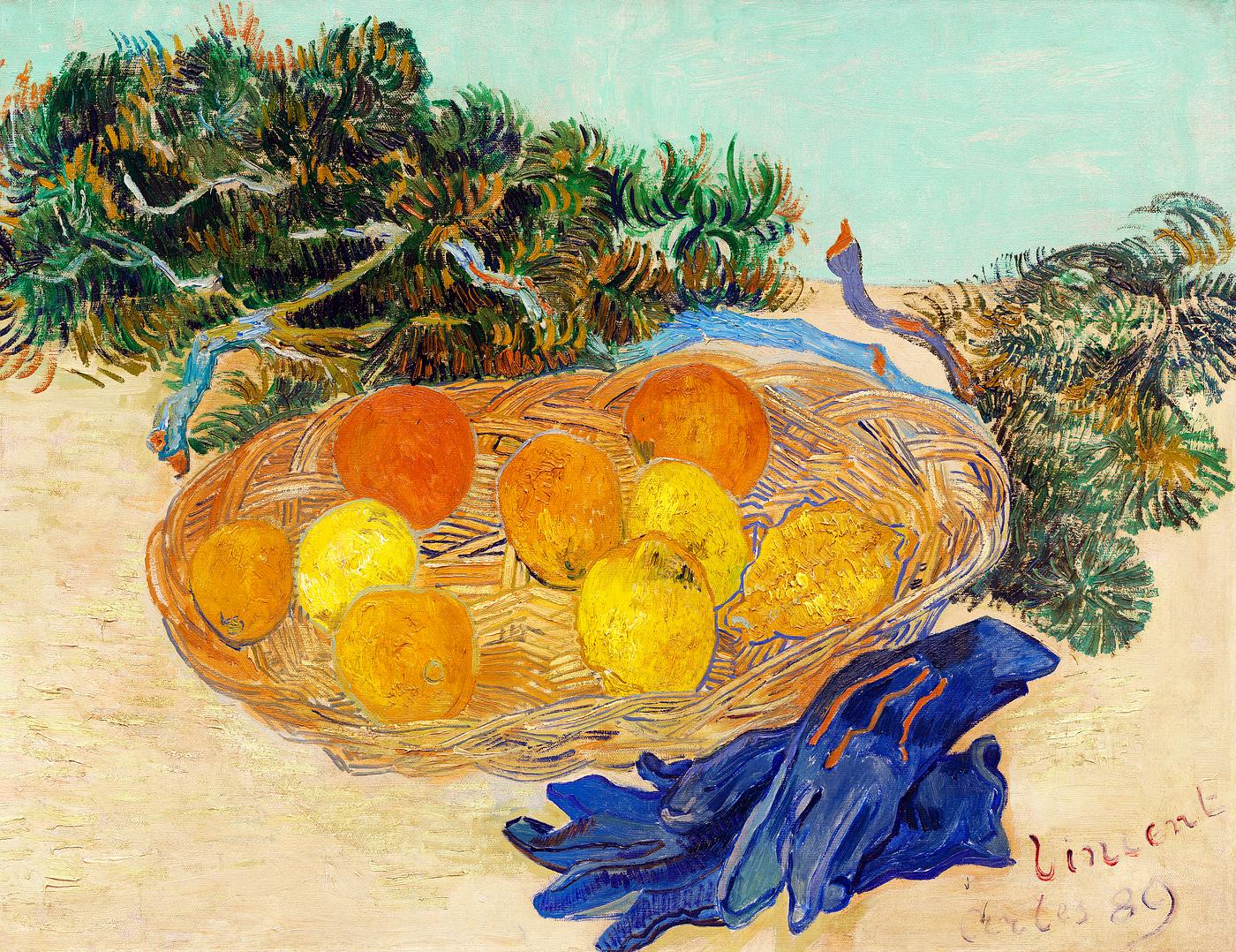 Still Life of Oranges and Lemons with Blue Gloves (1889) by Vincent Van Gogh. Original from The National Gallery of Art.... Still Life of Oranges and Lemons with Blue Gloves (1889) by Vincent Van Gogh. Original from The National Gallery of Art....